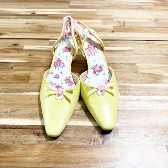 For Love & Lemons Suzette Heel Yellow & Pink Floral Rosette Slingback Shoes - Picture 13 of 13
